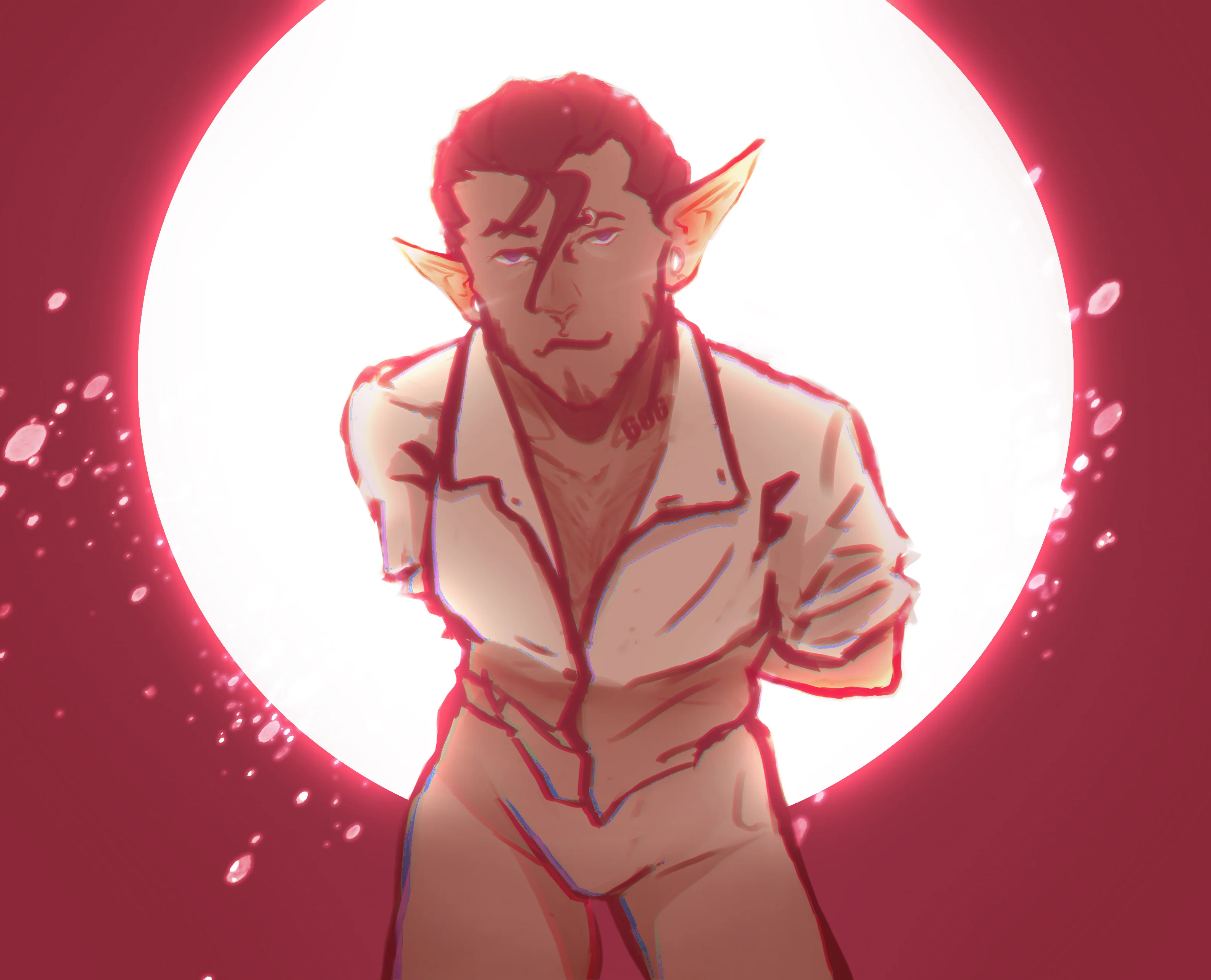 A buff, elf dude with pointy ears and a short beard rocks a loose white shirt, showing off his chiseled chest and ripped abs. He's got a cheeky smirk and is standing against a bright red backdrop with a glowing white circle, giving off a mystical, otherworldly vibe.